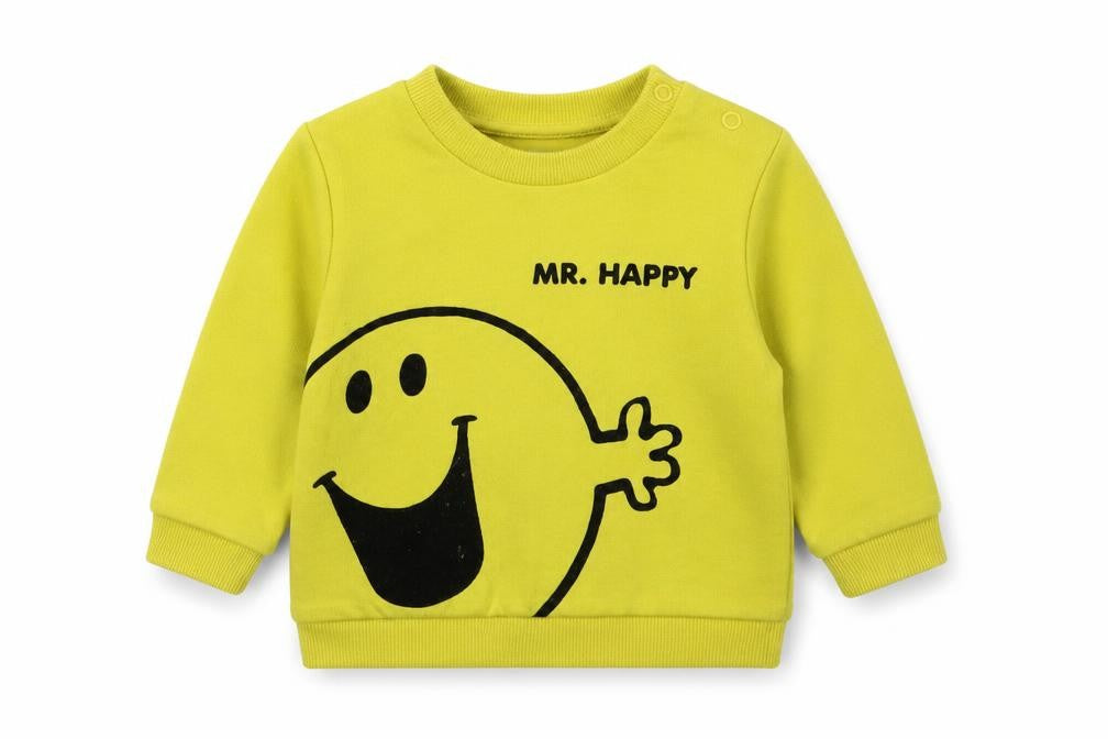 Front view of unisex yellow mr. men jumper 6-9 months