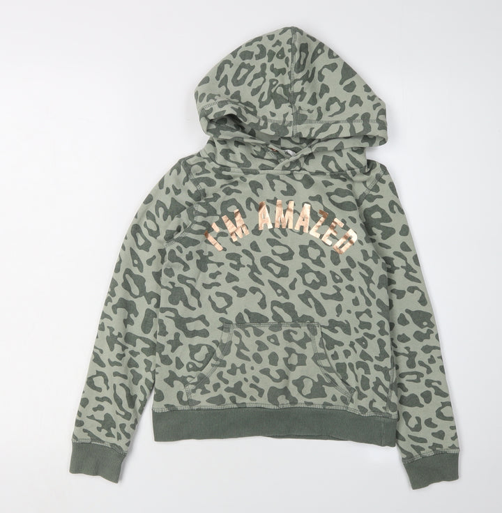 H&M Girls Green Leopard Print Pullover Hoodie, 9-10 Years