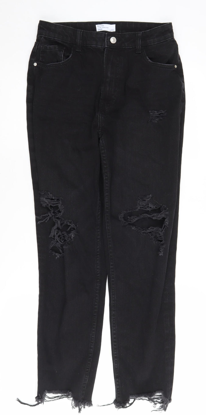 Bershka Women's Black Distressed Straight Jeans Size 10
