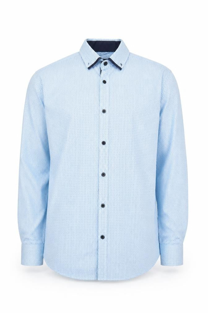 Front view of Tarocash Men's Blue Geometric Button-Up Shirt, Small