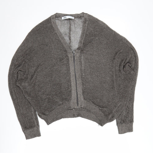 Zara Women’s Grey Full Zip Jumper, Size 12, V-Neck