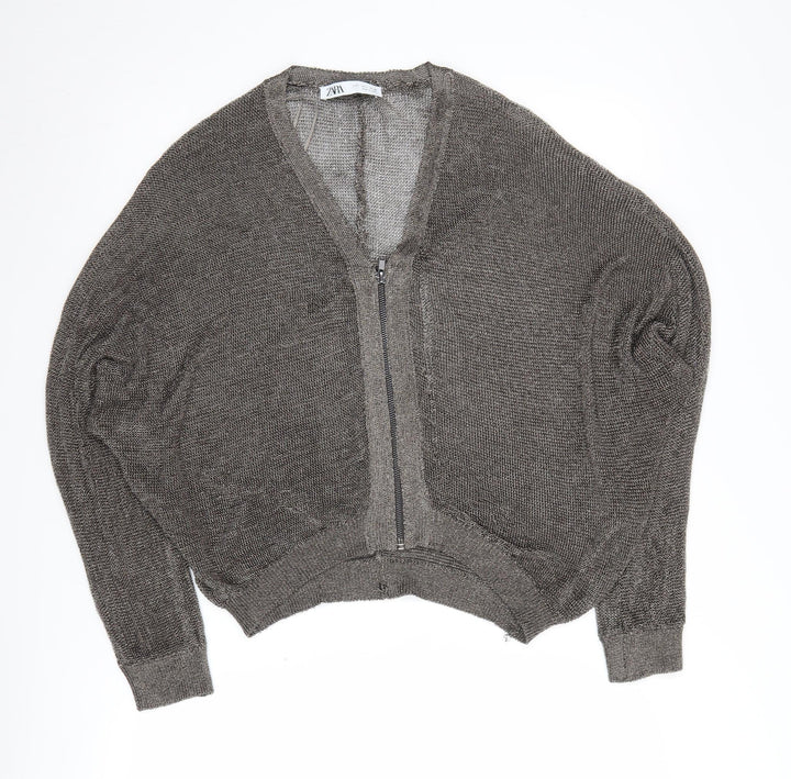Zara Women’s Grey Full Zip Jumper, Size 12, V-Neck