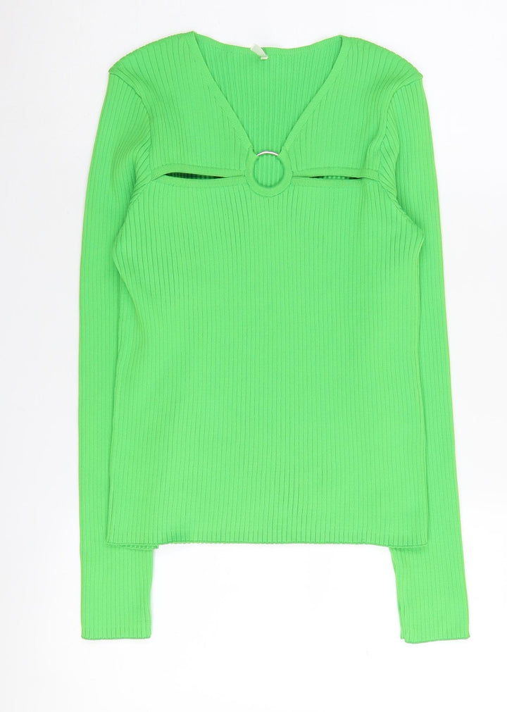ONLY Women's Green V-Neck Pullover Jumper Size L