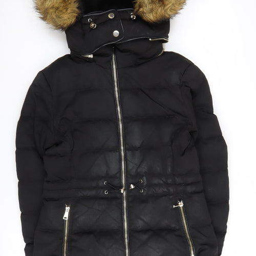 Zara Women's Black Puffer Jacket with Fur Trim Hood S