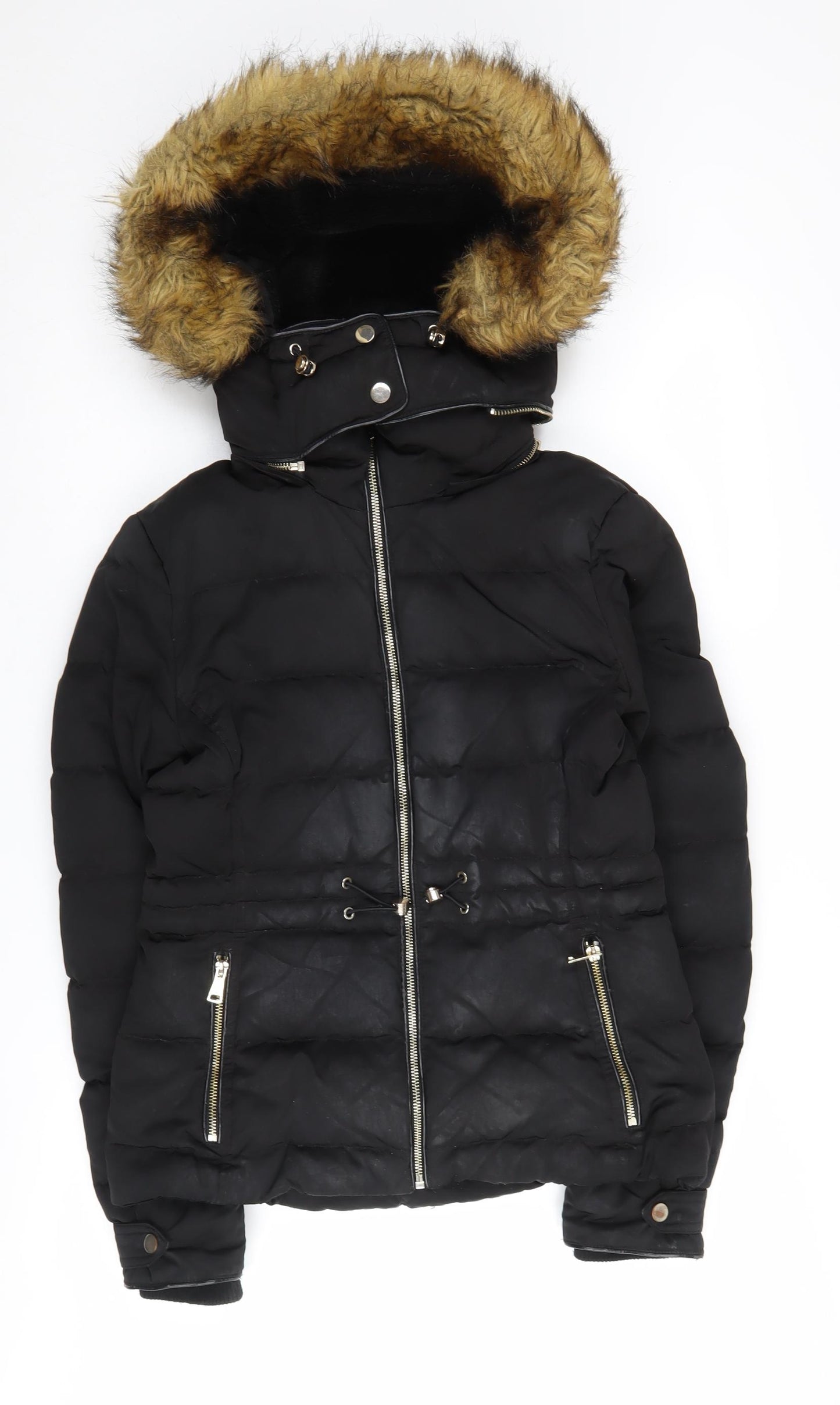 Zara Women's Black Puffer Jacket with Fur Trim Hood S