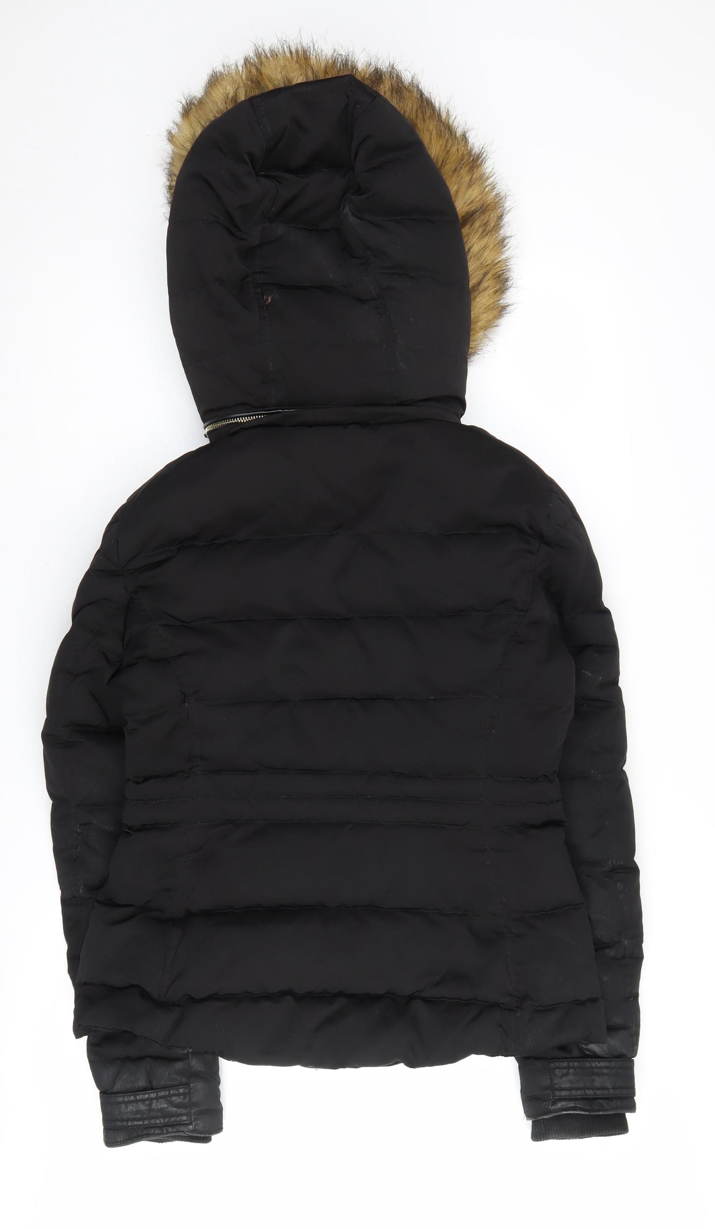 Zara Women's Black Puffer Jacket with Fur Trim Hood S