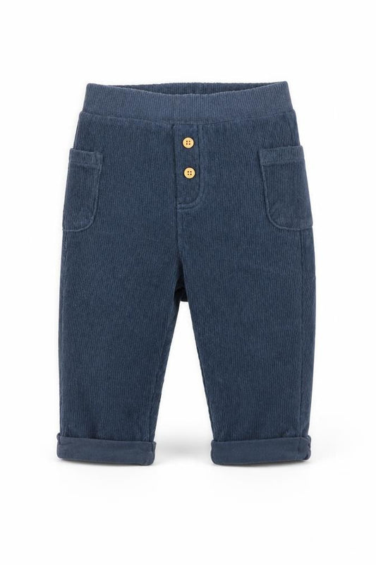 Front view of FatFace boys’ blue corduroy jogger trousers 3-6 months