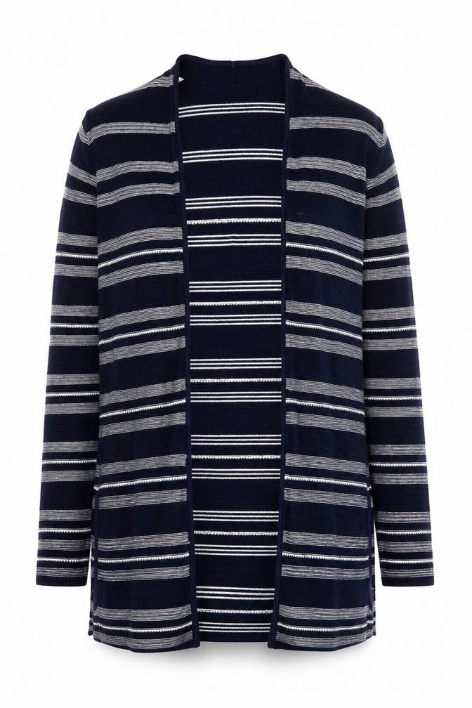 Front view of Monsoon Women's Blue Striped Cardigan, size 10