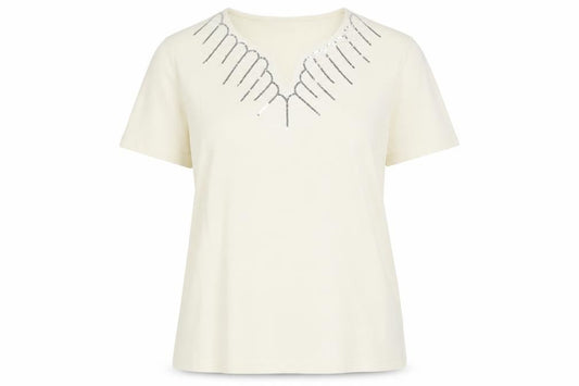 Front view of Damart Women's White Sequin V-Neck T-Shirt, size L
