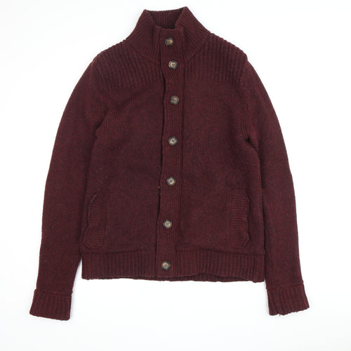 William Hunt Men's Red Cardigan, M, High Neck, Wool Blend