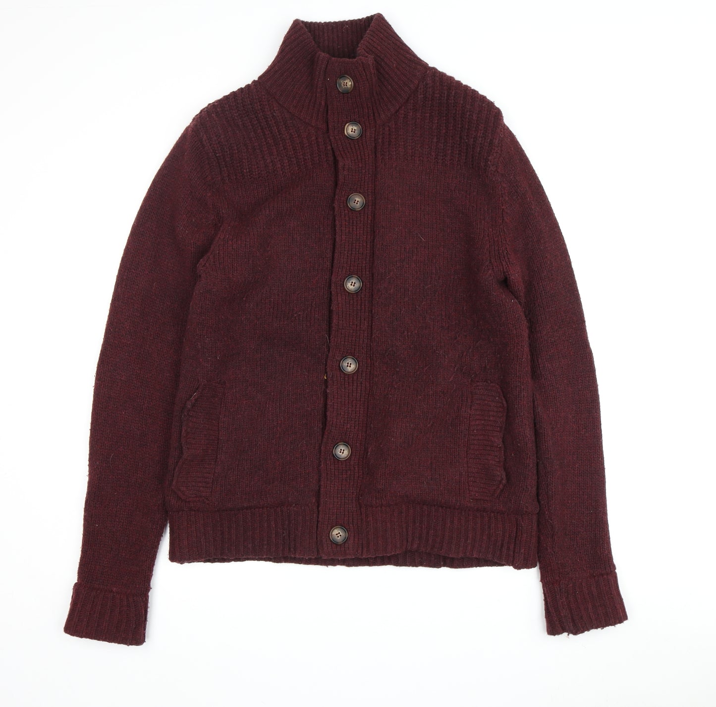 William Hunt Men's Red Cardigan, M, High Neck, Wool Blend