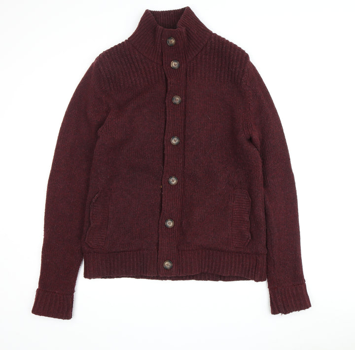 William Hunt Men's Red Cardigan, M, High Neck, Wool Blend