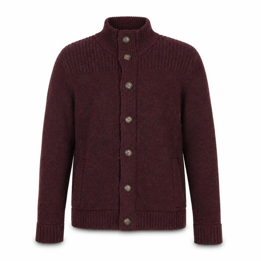 Front view of William Hunt Men's Red Cardigan, M, High Neck, Wool Blend