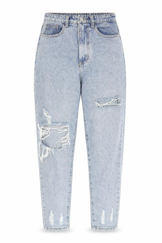 Front view of PRETTYLITTLETHING Women's Blue Mom Jeans, size 10, Distressed
