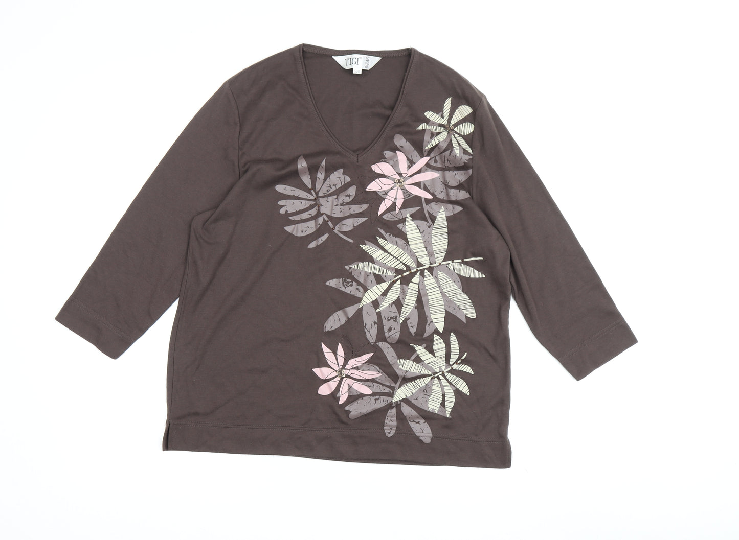 TIGI Wear Women's Grey Floral T-Shirt, Size 14, Casual Elegance