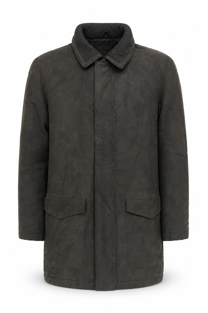 Front view of Greenwoods Men’s Medium Green Overcoat, Mid-Length Cotton