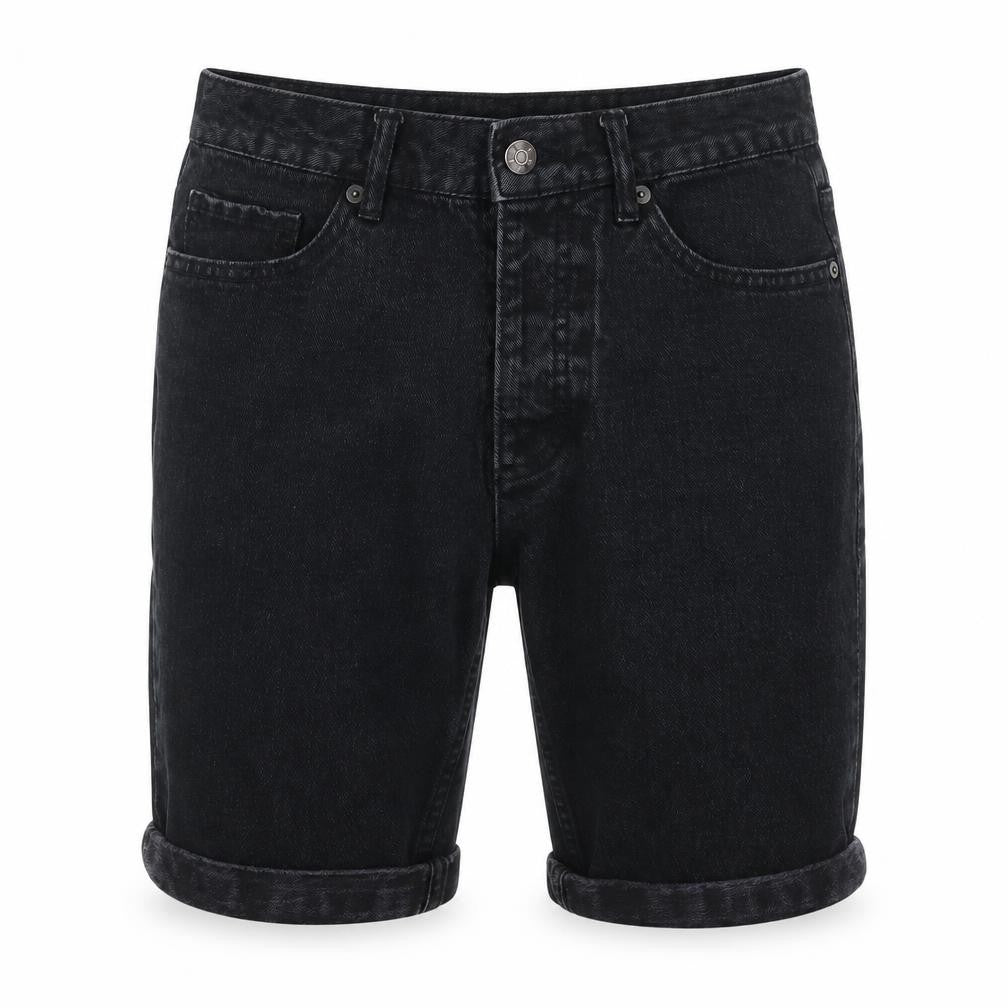 Front view of Topman Men's Black Denim Shorts, size 28 Slim, Fit