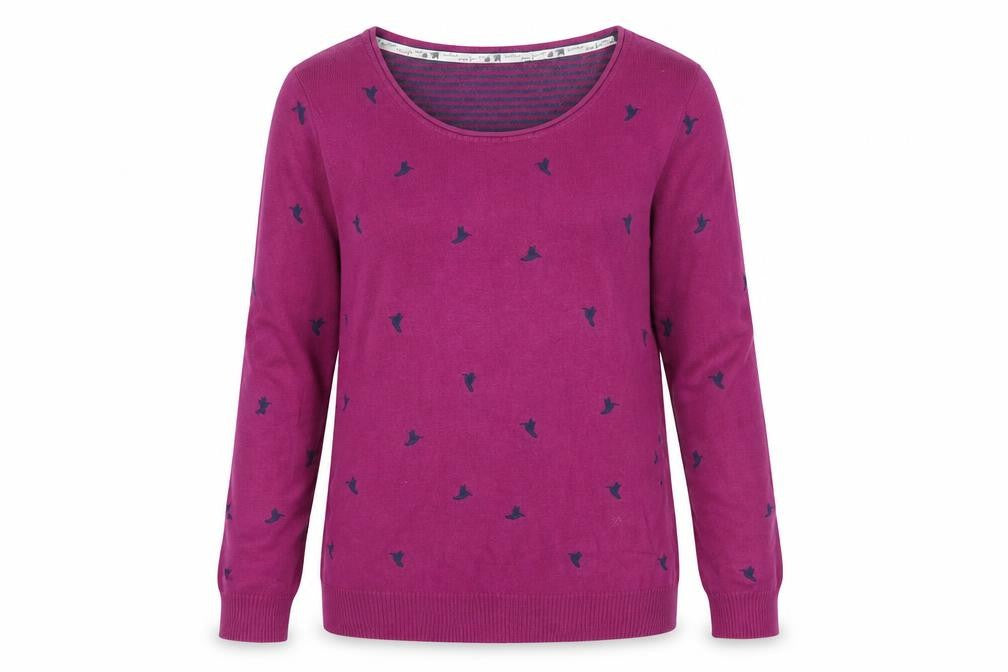 Front view of Knitted Just For Ewe Women's Purple Animal Print jumper, size 12