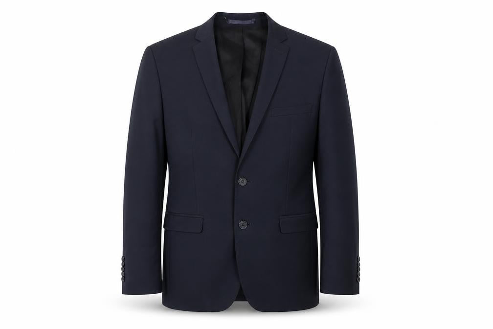 Front view of Ben Sherman Men's Black Single Breasted Wool Blend Blazer Jacket, size 38, Regular