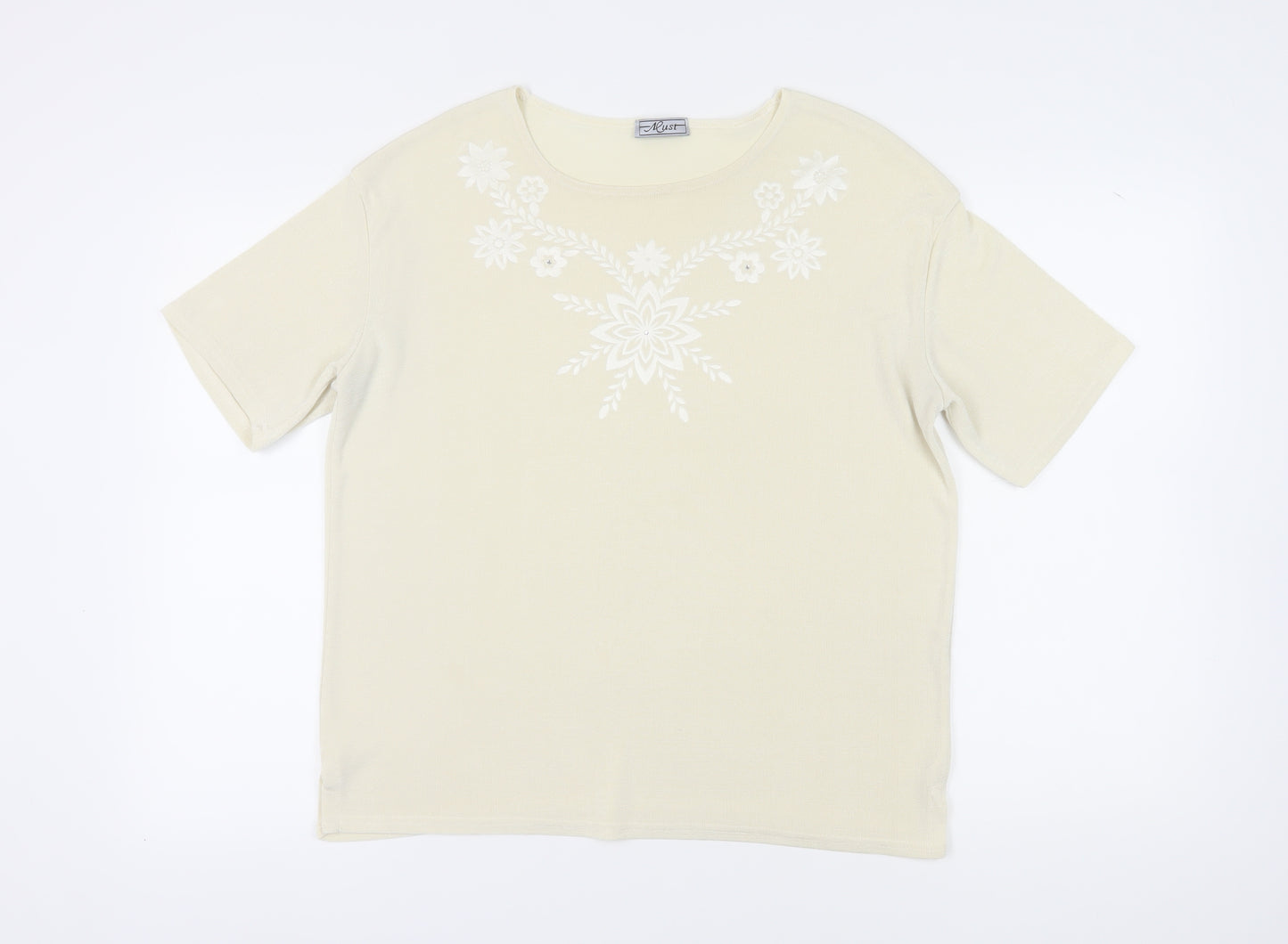 Must Women's Beige Floral Embroidered T-Shirt 2XL Casual