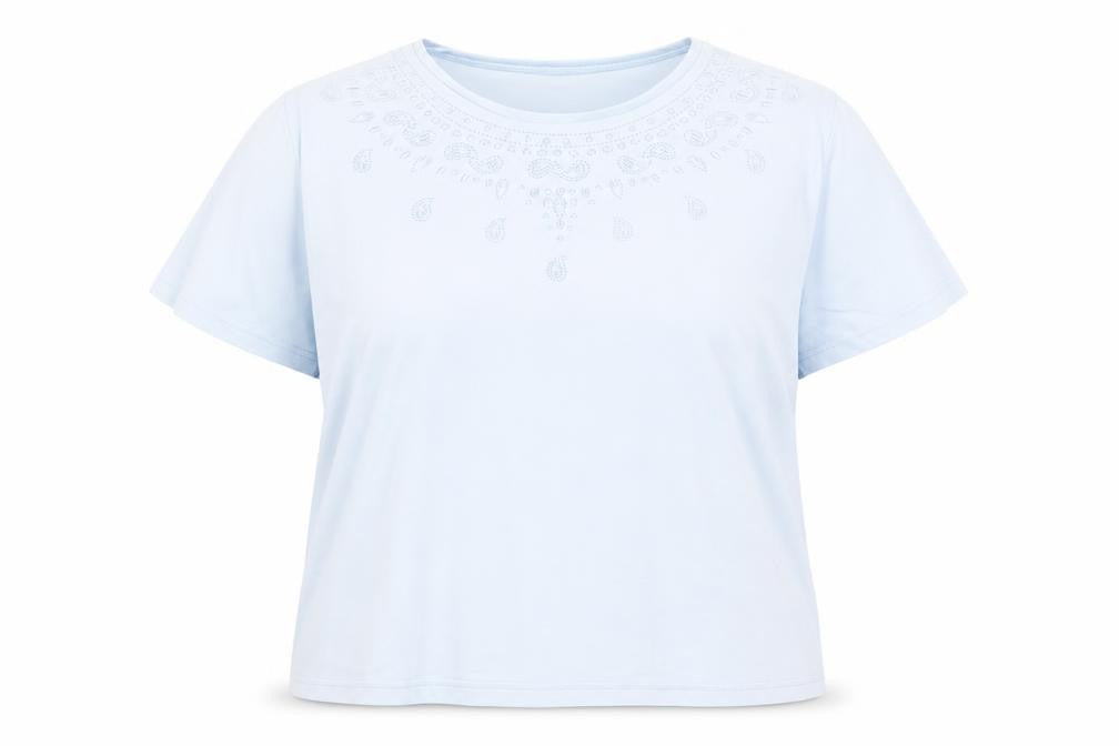 Front view of Honor Millburn Women's Blue Embroidered T-Shirt, size 18-20