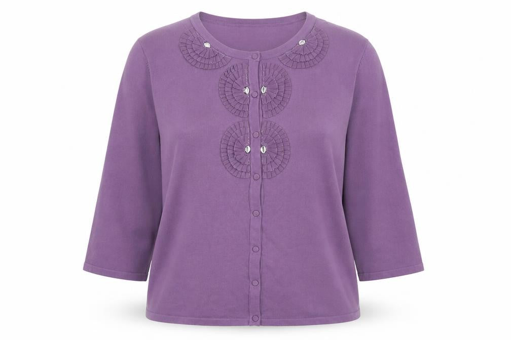 Eastex Women’s Purple Cardigan Size 14, Beaded Accents, 3/4 Sleeve