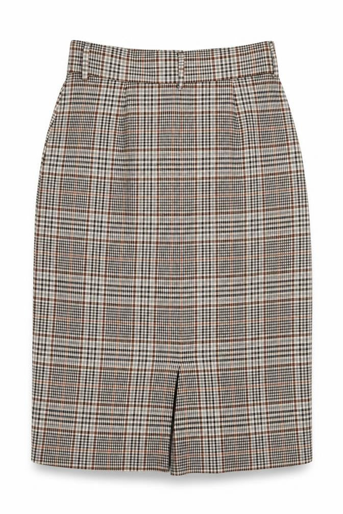 Front view of Marks & Spencer Women's Brown Check Pleated Skirt -, size 12
