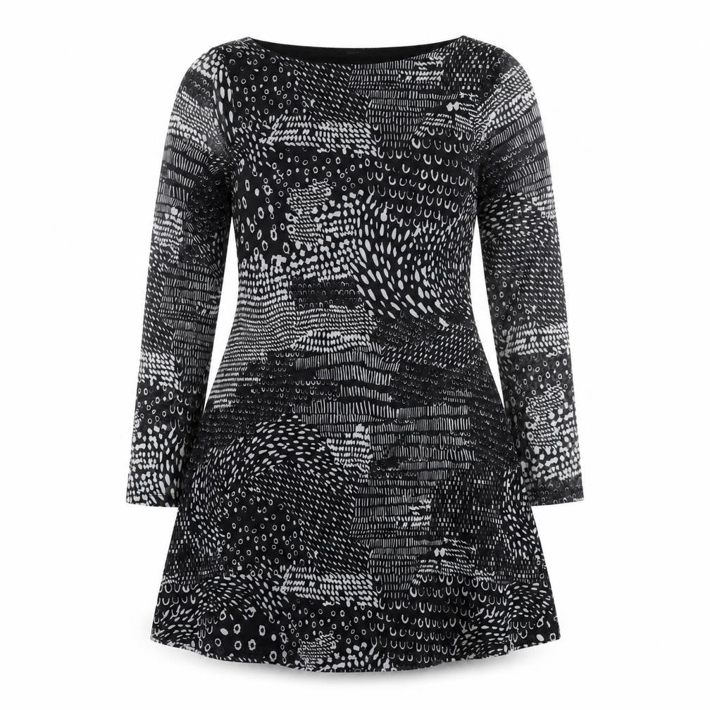 Front view of Next Women's Black Geometric Dress, size 14, Long Sleeve