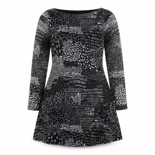 Front view of Next Women's Black Geometric Dress, size 14, Long Sleeve