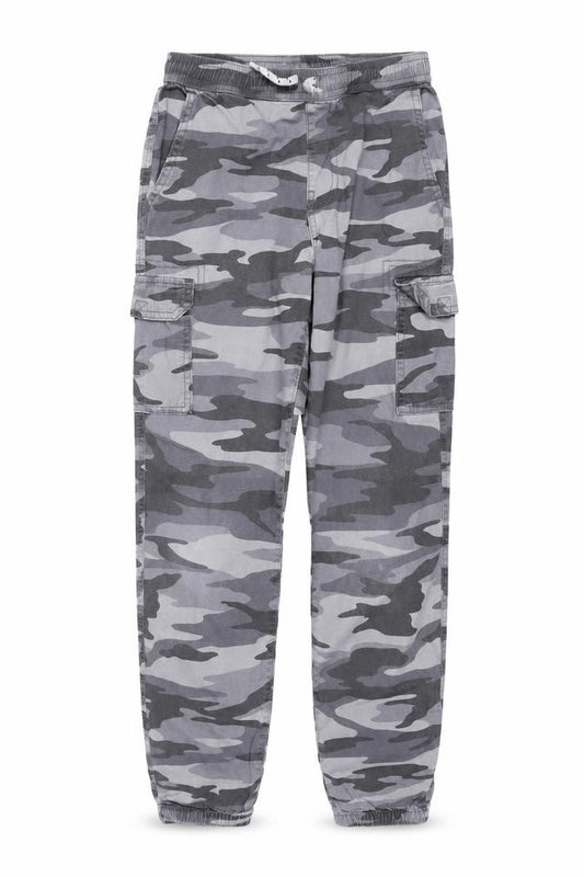 Front view of Lands' End boys’' grey camo cargo trousers, size L, elastic waist