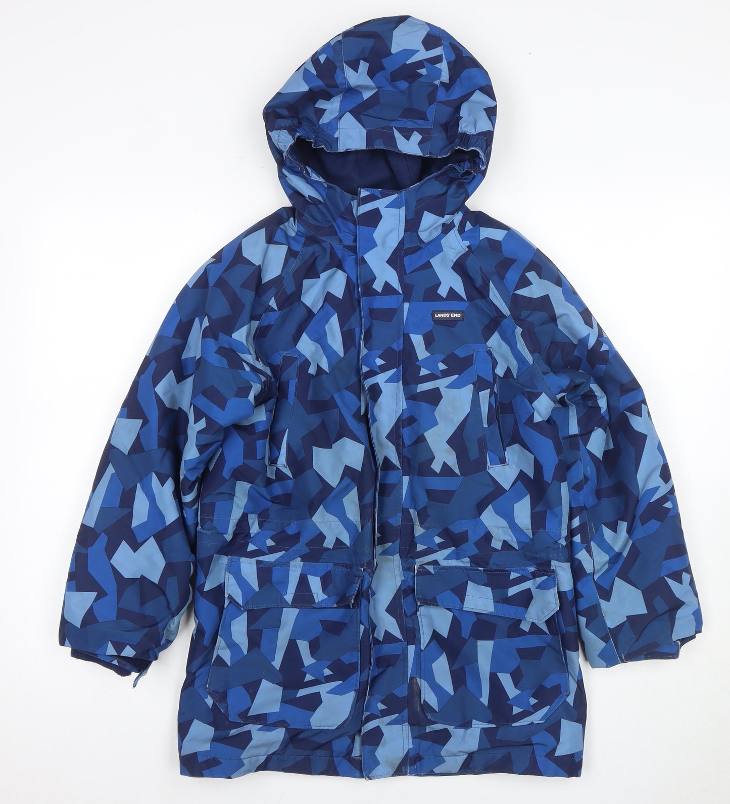 Lands' End Boys Blue Camouflage Parka, Size 10-11, Hooded & Lined