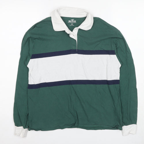 Hollister Men's Green Striped Long Sleeve Polo S