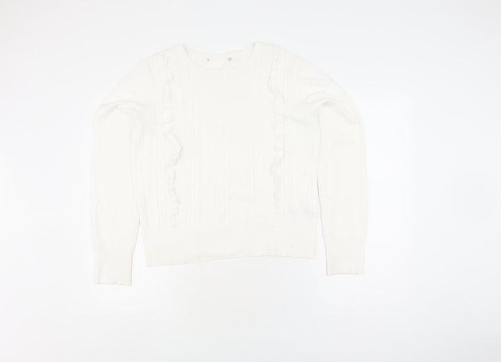Oasis Women's White Pullover Jumper, Size M, Ruffle Accent