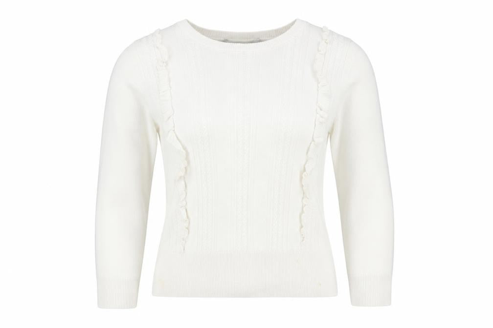 Front view of Oasis Women's White jumper, size M, Ruffle Accent