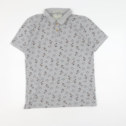 Grey Floral Polo Shirt, Unisex L, Classic Casual Style