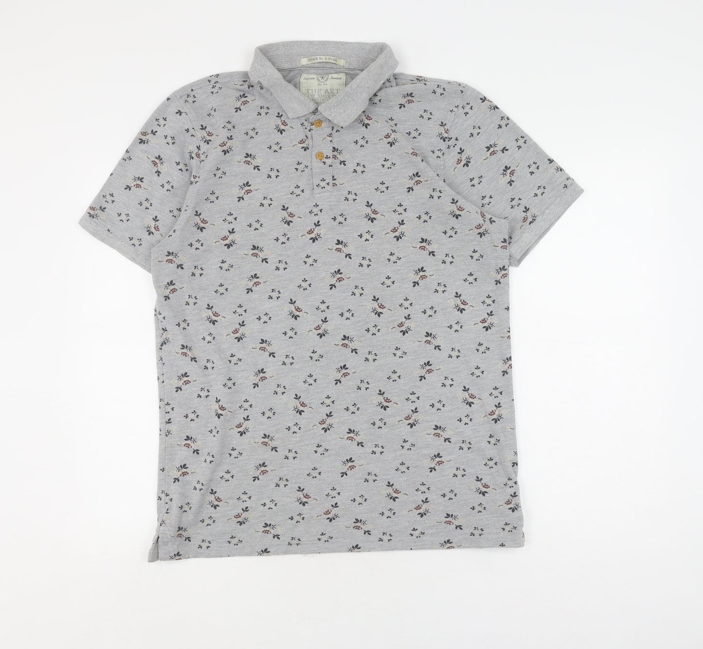 Grey Floral Polo Shirt, Unisex L, Classic Casual Style
