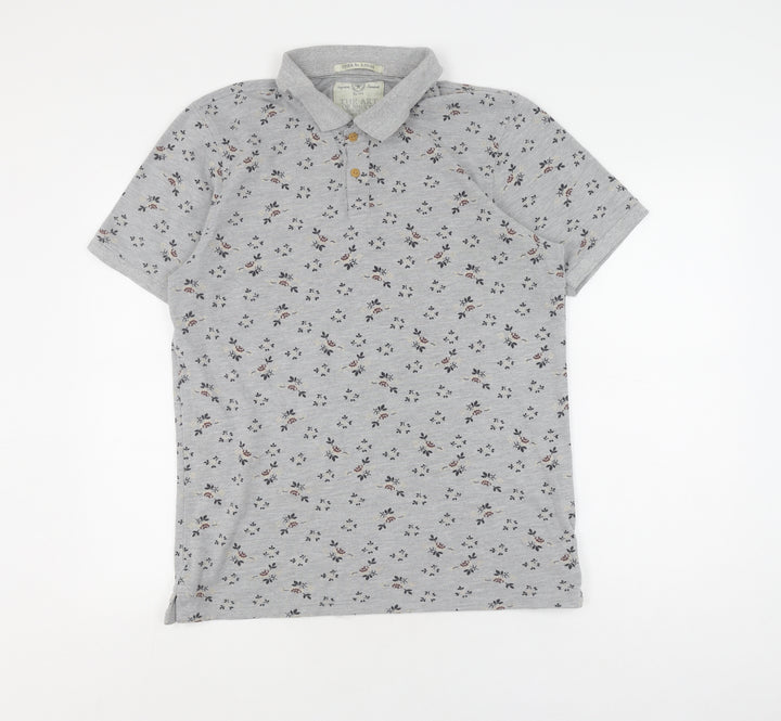 Grey Floral Polo Shirt, Unisex L, Classic Casual Style