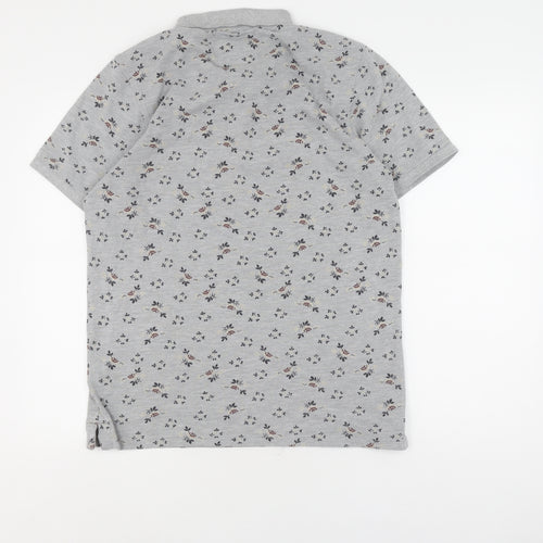 Grey Floral Polo Shirt, Unisex L, Classic Casual Style