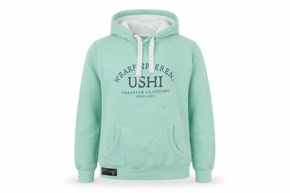 Front view of USHI Green unisex hoodie, large, casual pullover