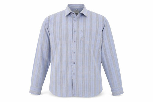 Front view of Petroleum Men's Blue Striped Dress Shirt L