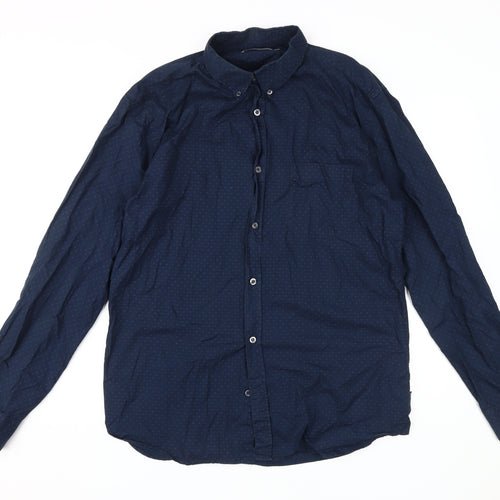 French Connection Men's Blue Collared Button-Up Shirt L