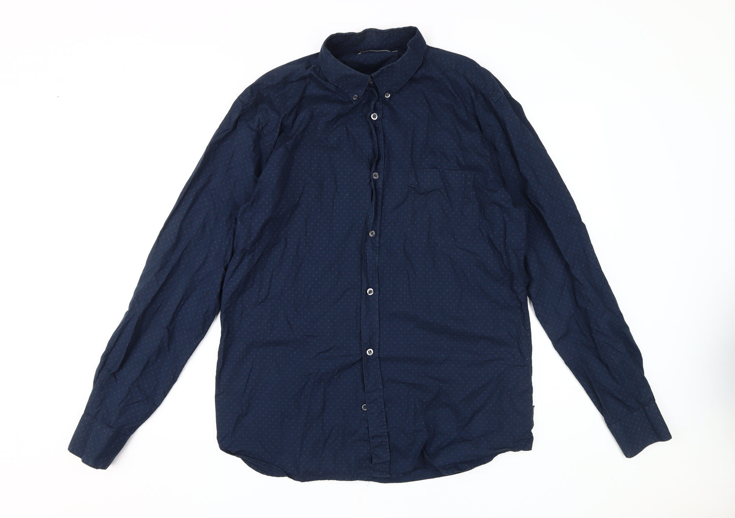 French Connection Men's Blue Collared Button-Up Shirt L