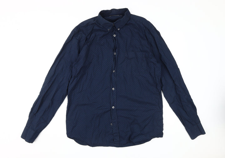 French Connection Men's Blue Collared Button-Up Shirt L
