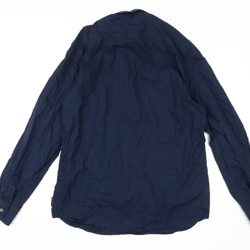 French Connection Men's Blue Collared Button-Up Shirt L