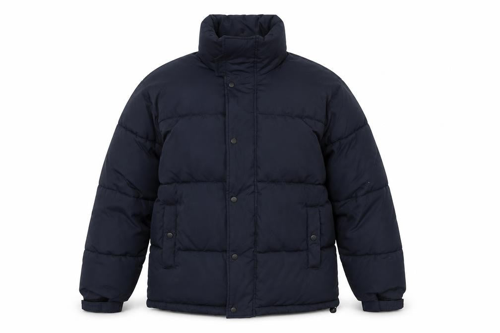 Front view of River Island Men's Blue Puffer Jacket, size S