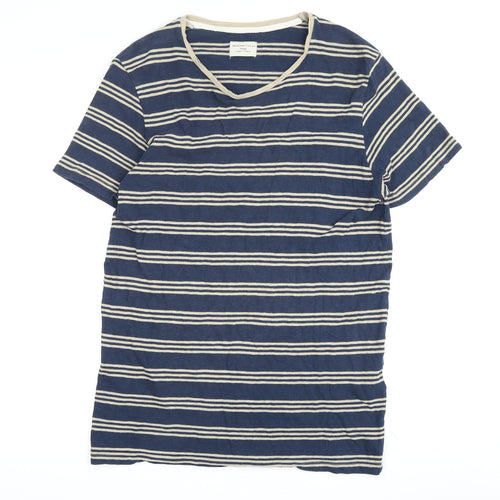 Selected Homme Men’s Blue Striped V-Neck T-Shirt M