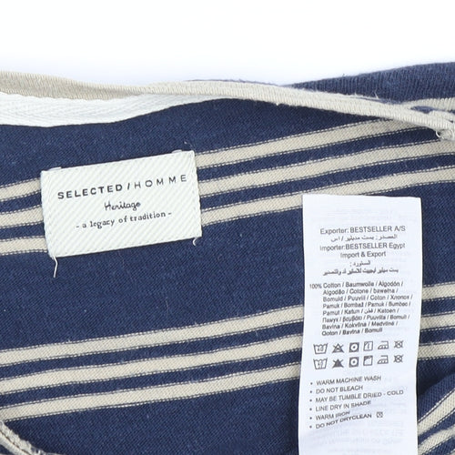 Selected Homme Men’s Blue Striped V-Neck T-Shirt M