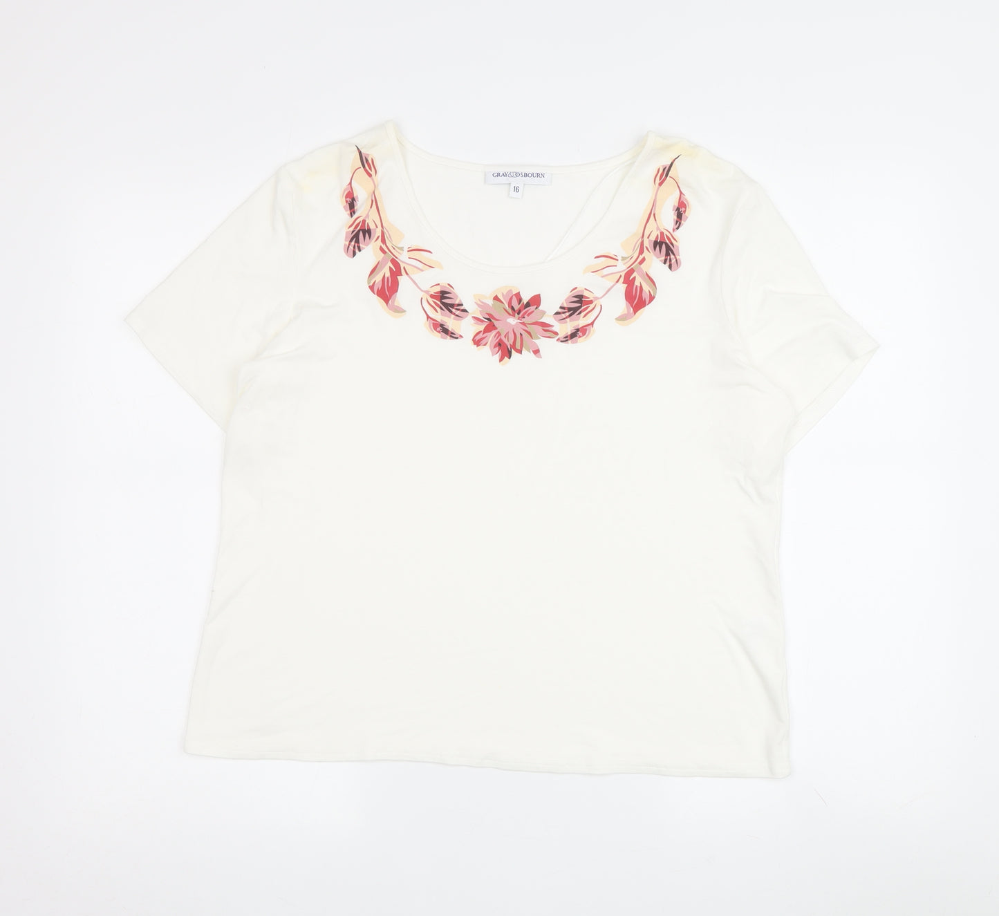 Grauzas Women's Ivory Floral T-Shirt, Size 16, Scoop Neck