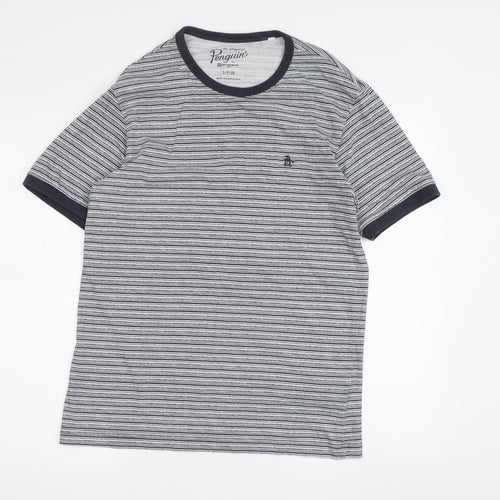Penguin Men's Grey Striped T-Shirt, Size S, Cotton Crew