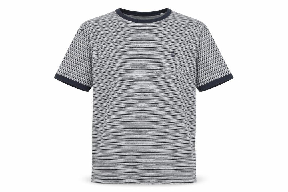 Penguin Men's Grey Striped T-Shirt, Size S, Cotton Crew